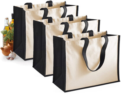 Jute katoenen boodschappentas - 3x stuks - zwart/natural - 44 x 33 x 19 cm - 20 liter - draagtas