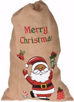 Jute kerst cadeauzakken - met kerstman print - 90 cm - Kerstcadeautjes Multi