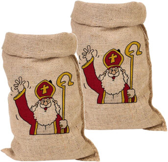 Jute Sinterklaas cadeau zak groot - Set van 2x stuks - 50 x 80 cm - Sint feestartikelen jute kadozak Multi
