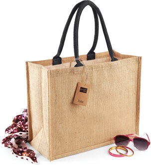 Jute strandtas met zwart jute handvatten 42 x 33 x 19 cm - Shoppers Beige