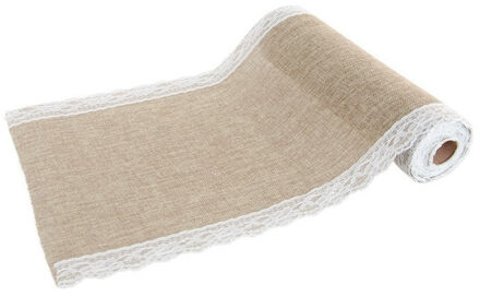 Jute tafelloper - met wit kant - 29 x 500 cm - Feesttafelkleden Beige
