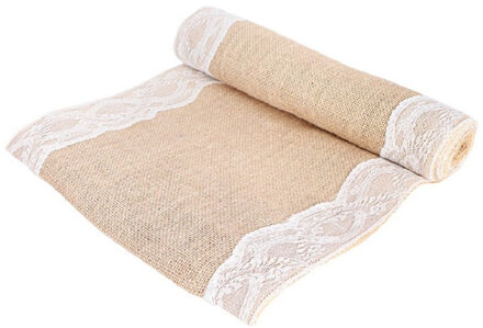 Jute tafelloper - met wit kant - 30 x 300 cm - Feesttafelkleden Beige