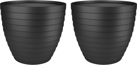 Juypal Hogar Bloempot/plantenpot Florenzia - 2x - zwart - kunststof - D30 x H26,8 cm - voor buiten/binnen