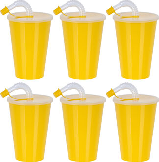 Juypal Hogar Drinkbeker met deksel en rietje - 12x - geel - kunststof - 450 ml - 12 x 9 cm