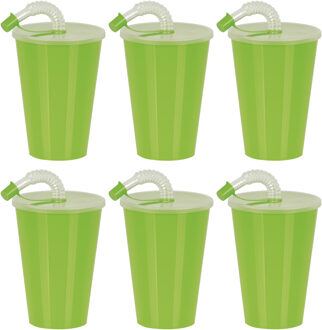 Juypal Hogar Drinkbeker met deksel en rietje - 12x - groen - kunststof - 450 ml - 12 x 9 cm