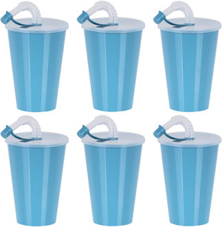 Juypal Hogar Drinkbeker met deksel en rietje - 12x - licht blauw - kunststof - 450 ml - 12 x 9 cm
