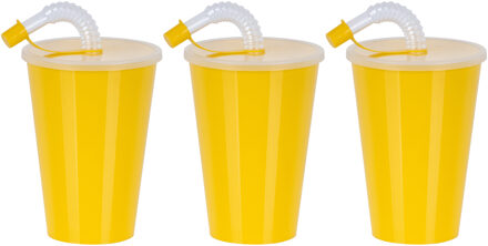 Juypal Hogar Drinkbeker met deksel en rietje - 6x - geel - kunststof - 450 ml - 12 x 9 cm