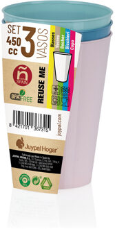 Juypal Hogar Drinkbekers - 3x - pasteltinten - kunststof - 450 ml - herbruikbaar