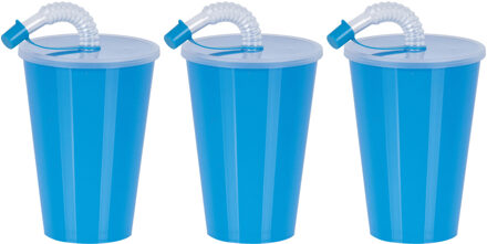 Juypal Hogar Juypal Drinkbeker met deksel en rietje - 6x - blauw - kunststof - 450 ml - 12 x 9 cm - Drinkbekers