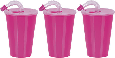 Juypal Hogar Juypal Drinkbeker met deksel en rietje - 6x - roze - kunststof - 450 ml - 12 x 9 cm - Drinkbekers