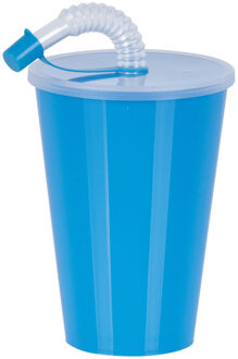 Juypal Hogar Juypal Drinkbeker met deksel en rietje - blauw - kunststof - 450 ml - 12 x 9 cm - Drinkbekers