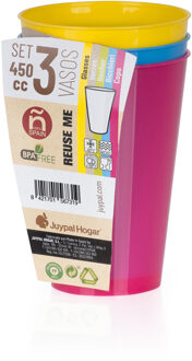 Juypal Hogar Juypal drinkbekers - 3x - multi - kunststof - 450 ml - herbruikbaar - Drinkglazen Multikleur