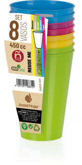 Juypal Hogar Juypal drinkbekers -8x - multi - kunststof - 450 ml - herbruikbaar - Drinkglazen Multikleur