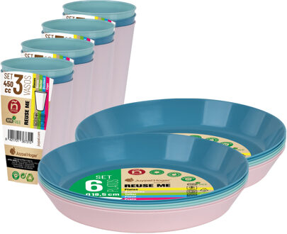Juypal Hogar Juypal Servies set - 12x borden en drinkbekers - pasteltinten - kunststof - herbruikbaar - Bordjes Blauw