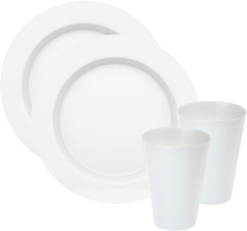 Juypal Hogar Juypal Servies set - 12x borden en drinkbekers - wit- kunststof - herbruikbaar - Bordjes