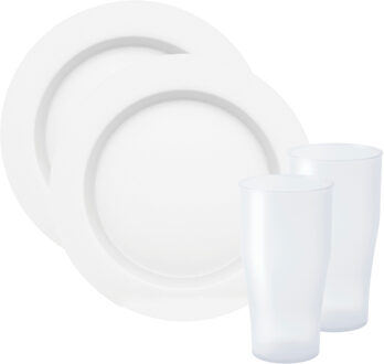 Juypal Hogar Juypal Servies set - 8x borden en drinkbekers - wit- kunststof - herbruikbaar - Bordjes