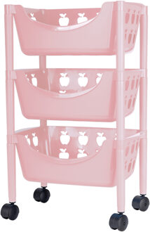 Juypal Hogar Keukentrolley met appelmotief - 3-laags - roze - kunststof - 45 x 29,5 x 70,5 cm