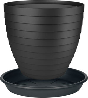 Juypal Hogar Plantenpot/bloempot Florenzia met onderschaal - D13 x H11 cm - zwart - kunststof
