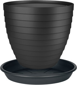 Juypal Hogar Plantenpot/bloempot Florenzia met onderschaal - D21 x H19 cm - zwart - kunststof