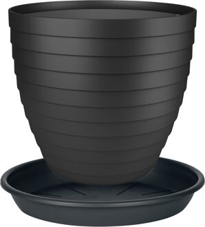 Juypal Hogar Plantenpot/bloempot Florenzia met onderschaal - D25 x H22 cm - zwart - kunststof