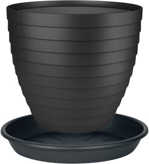 Juypal Hogar Plantenpot/bloempot Florenzia met onderschaal - D30 x H26 cm - zwart - kunststof