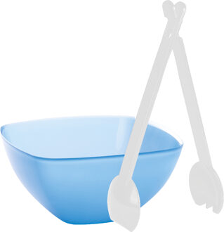 Juypal Hogar Serveerschaal/slakom - blauw - kunststof - 22,5 cm - met sla bestek/couvert