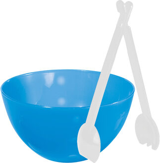 Juypal Hogar Serveerschaal/slakom - blauw - kunststof - 26 cm - met sla bestek/couvert