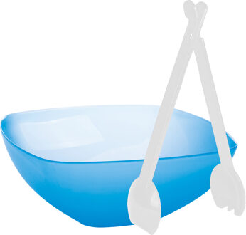 Juypal Hogar Serveerschaal/slakom - blauw - kunststof - 30 cm - met sla bestek/couvert