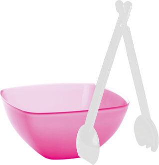 Juypal Hogar Serveerschaal/slakom - fuchsia roze - kunststof - 22,5 cm - met sla bestek/couvert - Serveerschalen