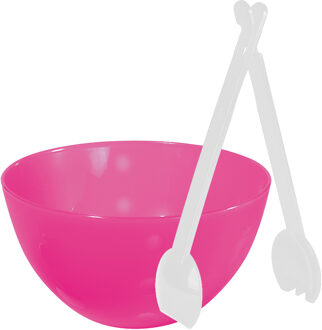 Juypal Hogar Serveerschaal/slakom - fuchsia roze - kunststof - 26 cm - met sla bestek/couvert - Serveerschalen