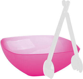 Juypal Hogar Serveerschaal/slakom - fuchsia roze - kunststof - 30 cm - met sla bestek/couvert