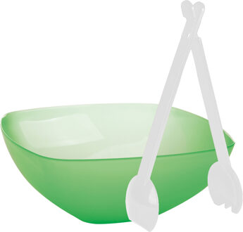 Juypal Hogar Serveerschaal/slakom - groen - kunststof - 30 cm - met sla bestek/couvert