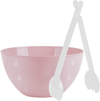 Juypal Hogar Serveerschaal/slakom - pastel roze - kunststof - 26 cm - met sla bestek/couvert - Serveerschalen