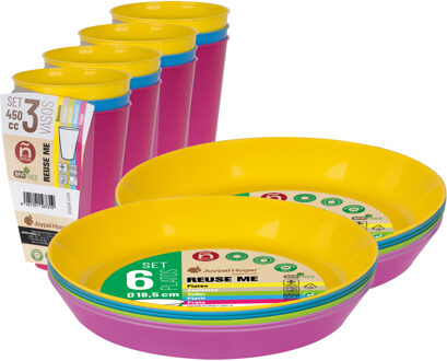 Juypal Hogar Servies set - 12x borden en drinkbekers - multi - kunststof - herbruikbaar