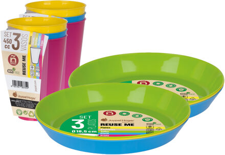 Juypal Hogar Servies set - 12x borden en drinkbekers - multi - kunststof - herbruikbaar