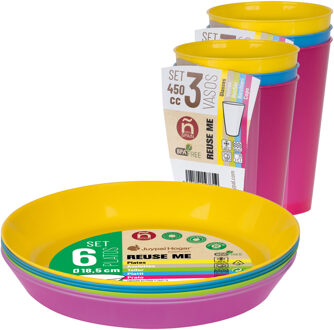 Juypal Hogar Servies set - 6x borden en drinkbekers - multi - kunststof - herbruikbaar