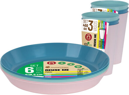 Juypal Hogar Servies set - 6x borden en drinkbekers - pasteltinten - kunststof - herbruikbaar