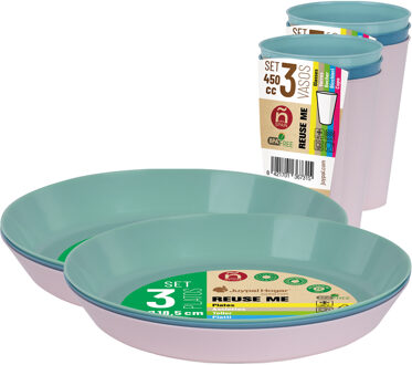 Juypal Hogar Servies set - 6x borden en drinkbekers - pasteltinten - kunststof - herbruikbaar