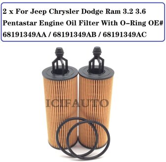 K68191349AB Voor Jeep Chrysler Dodge Ram 3.2 3.6 Pentastar Motorolie Filter + O-Ring Oe # 68191349AA / 68191349AB / 68191349AC 2 stk