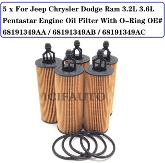 K68191349AB Voor Jeep Chrysler Dodge Ram 3.2 3.6 Pentastar Motorolie Filter + O-Ring Oe # 68191349AA / 68191349AB / 68191349AC 5 stk