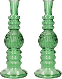 Kaarsen kandelaar Florence - 2x - groen glas - ribbel - D8,5 x H23 cm - kaars kandelaars