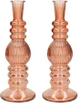 Kaarsen kandelaar Florence - 2x - zacht oranje glas - ribbel - D8,5 x H23 cm - kaars kandelaars