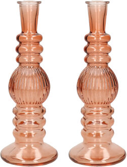 Kaarsen kandelaar Florence - 2x - zacht oranje glas - ribbel - D8,5 x H23 cm