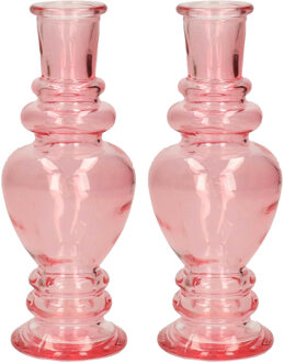 Kaarsen kandelaar Venice - 2x - gekleurd glas - helder roze - D5,7 x H15 cm - kaars kandelaars