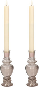 Kaarsen kandelaar Venice - 2x - gekleurd glas - ribbel grijs smoke - D5,7 x H15 cm - kaars kandelaars