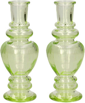 Kaarsen kandelaar Venice - 2x - gekleurd glas - ribbel lichtgroen - D5,7 x H15 cm - kaars kandelaars