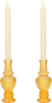 Kaarsen kandelaar Venice - 2x - gekleurd glas - ribbel okergeel - D5,7 x H15 cm
