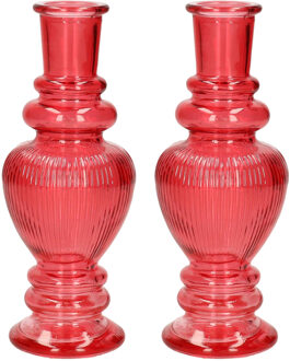 Kaarsen kandelaar Venice - 2x - gekleurd glas - ribbel rood - D5,7 x H15 cm - kaars kandelaars