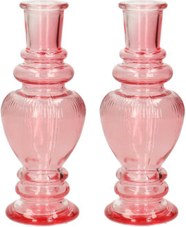Kaarsen kandelaar Venice - 2x - gekleurd glas - ribbel roze - D5,7 x H15 cm