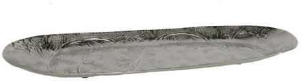 Kaarsen plateau met rand en reliefwerk - ovaal/bladvorm - metaal - zilver - 49 x 16 cm